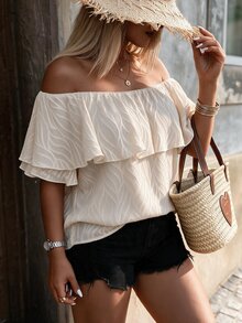 Breezaya Plus Size Women's Jacquard Ruffle Ruffle Blouse, Romantic Elegant Casual Versatile Suitable For Dates, Daily Wear, Spring/Summer Vacation White - Apricot - View 4