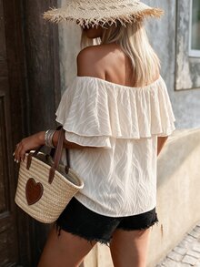 Breezaya Plus Size Women's Jacquard Ruffle Ruffle Blouse, Romantic Elegant Casual Versatile Suitable For Dates, Daily Wear, Spring/Summer Vacation White - Apricot - View 2