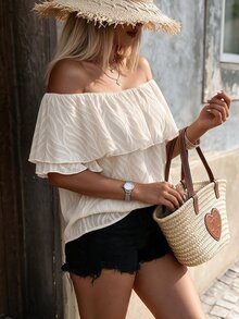 Breezaya Plus Size Women's Jacquard Ruffle Ruffle Blouse, Romantic Elegant Casual Versatile Suitable For Dates, Daily Wear, Spring/Summer Vacation White - Apricot - View 6