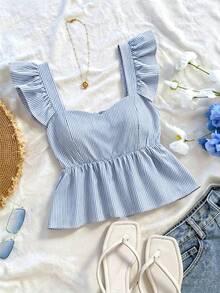 SHEIN Franclia INS Casual Vacation Cap Sleeve Women Shirt - Blue - View 1