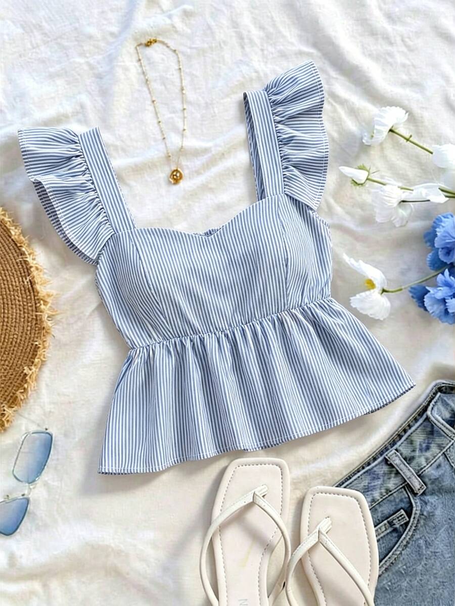 SHEIN Franclia INS Casual Vacation Cap Sleeve Women Shirt - Blue - View 1