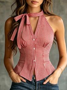 SHEIN Franclia 春夏休闲时尚系带无袖修身V领开襟竖排纽扣腰部褶皱修身女式衬衫 - 紅色 - 查看 3