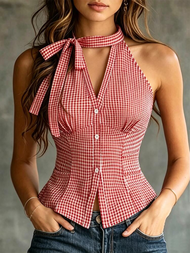 SHEIN Franclia 春夏休闲时尚系带无袖修身V领开襟竖排纽扣腰部褶皱修身女式衬衫 - 紅色 - 查看 3