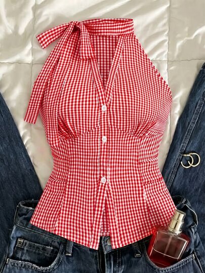 SHEIN Franclia Camisa de mujer de corte ajustado con cuello con lazo, sin mangas, escote en V delantero abierto, botones verticales en la cintura y fruncido, de estilo casual y elegante para primavera y verano