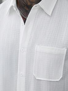 VENTUSAIL 男士夏季薄款純色亞麻紋理休閒度假修身短袖襯衫與彈性抽繩休閒長褲套裝 - 白色 - 查看 3