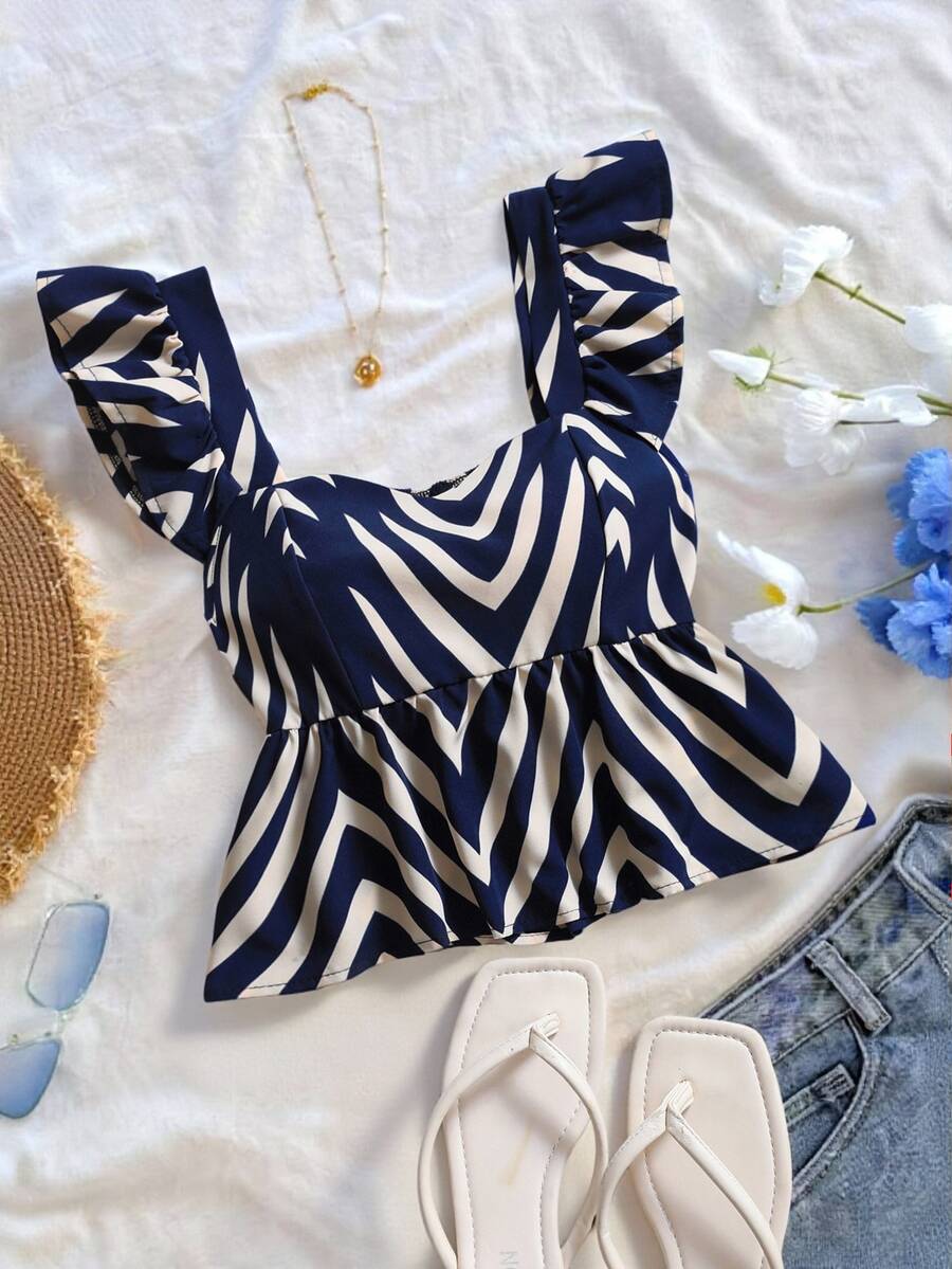 SHEIN Franclia INS 休閒可愛度假風女款短袖上衣 荷葉邊下擺 夏季斑馬紋 海灘風 海軍藍與白色 - 寶藍色 - 查看 1