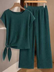 SHEIN Clasi Women's Dark Green Tie-Front Bow Blouse And Loose Straight-Leg Pants 2 Pieces Set - Green - View 4
