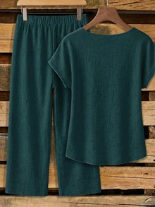 SHEIN Clasi Women's Dark Green Tie-Front Bow Blouse And Loose Straight-Leg Pants 2 Pieces Set - Green - View 2