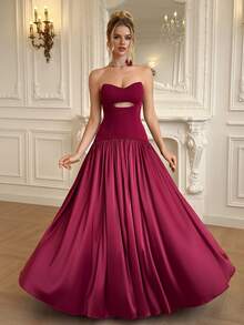 Modelyn Elegant Formal Casual Party Graduation Gala Dinner Prom Night Vow Burgundy Strapless Hollow Out Evening Dress Wedding Fall Christmas - Burgundy - View 1