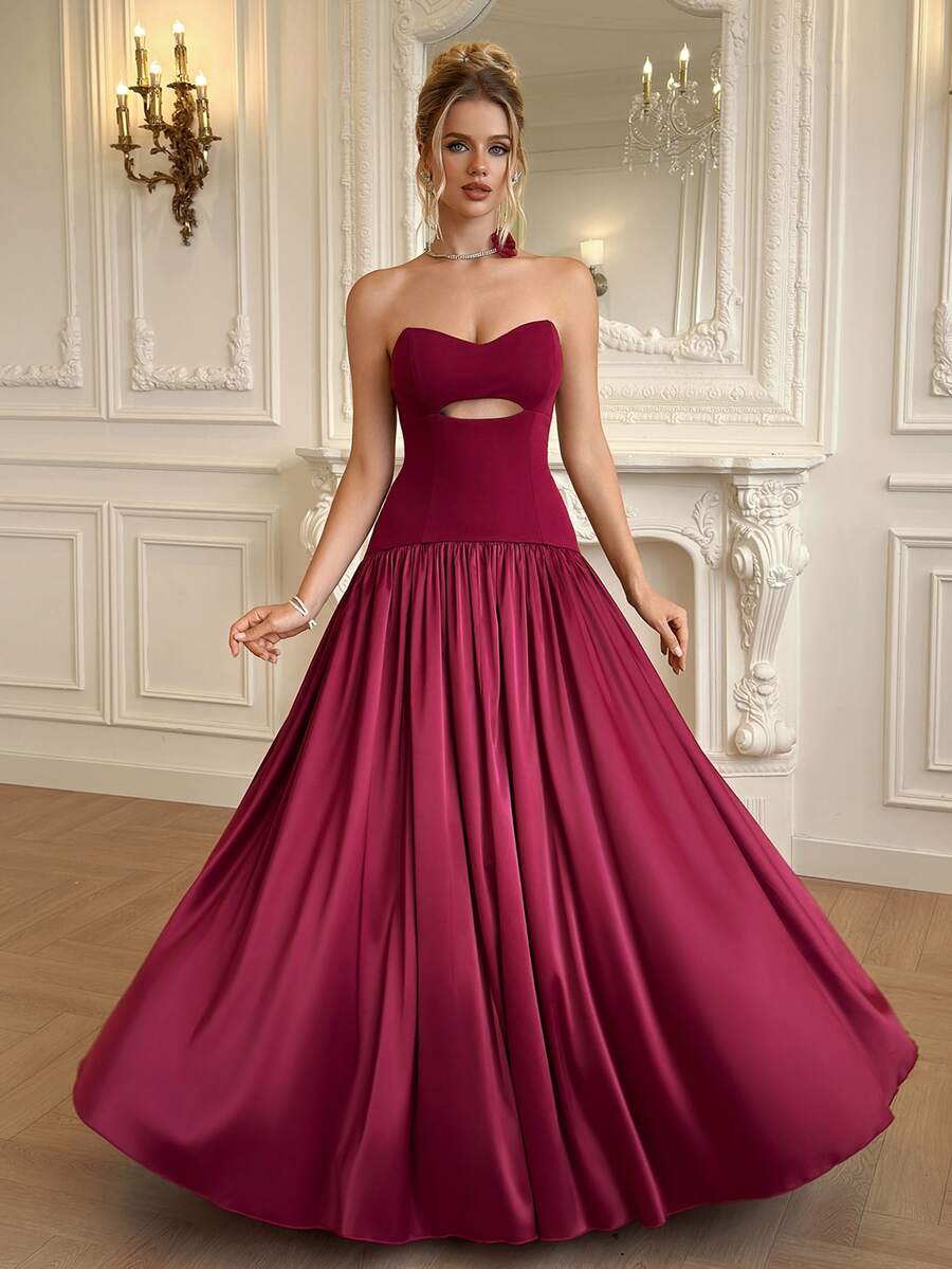 Modelyn Elegant Formal Casual Party Graduation Gala Dinner Prom Night Vow Burgundy Strapless Hollow Out Evening Dress Wedding Fall Christmas - Burgundy - View 1