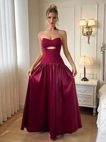 Modelyn Elegant Formal Casual Party Graduation Gala Dinner Prom Night Vow Burgundy Strapless Hollow Out Evening Dress Wedding Fall Christmas - Burgundy - View 5