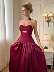 Modelyn Elegant Formal Casual Party Graduation Gala Dinner Prom Night Vow Burgundy Strapless Hollow Out Evening Dress Wedding Fall Christmas - Burgundy - View 3