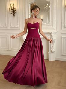 Modelyn Elegant Formal Casual Party Graduation Gala Dinner Prom Night Vow Burgundy Strapless Hollow Out Evening Dress Wedding Fall Christmas - Burgundy - View 4