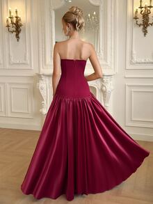 Modelyn Elegant Formal Casual Party Graduation Gala Dinner Prom Night Vow Burgundy Strapless Hollow Out Evening Dress Wedding Fall Christmas - Burgundy - View 2