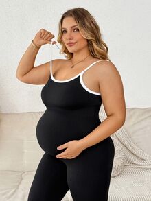 Plussiva Plus-Size Maternity Color-Block Trim Low-Back Fitted Camisole Jumpsuit – Casual Autumn Wear  Fall/Winter - Black - View 4