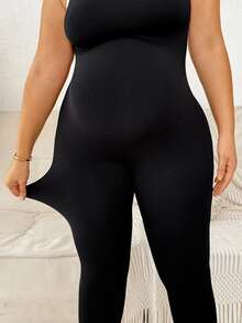Plussiva Plus-Size Maternity Color-Block Trim Low-Back Fitted Camisole Jumpsuit – Casual Autumn Wear  Fall/Winter - Black - View 3