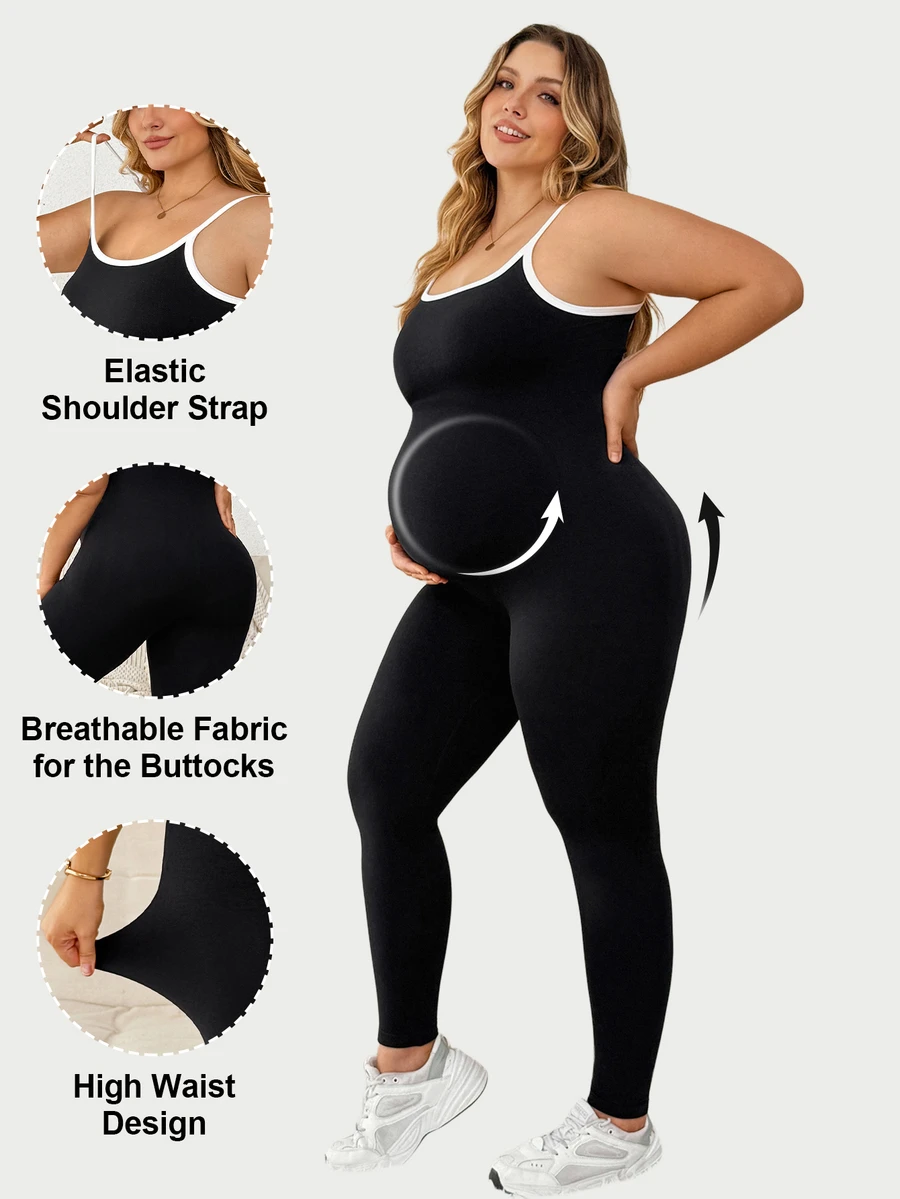 Plussiva Plus-Size Maternity Color-Block Trim Low-Back Fitted Camisole Jumpsuit – Casual Autumn Wear Fall/Winter - Black - View 1