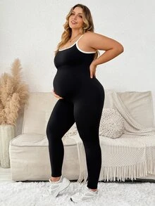 Plussiva Plus-Size Maternity Color-Block Trim Low-Back Fitted Camisole Jumpsuit – Casual Autumn Wear  Fall/Winter - Black - View 9