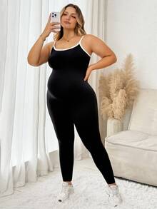 Plussiva Plus-Size Maternity Color-Block Trim Low-Back Fitted Camisole Jumpsuit – Casual Autumn Wear  Fall/Winter - Black - View 5