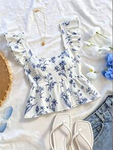 SHEIN Franclia INS Casual Vacation Cap Sleeve Women Shirt - Blue - View 5
