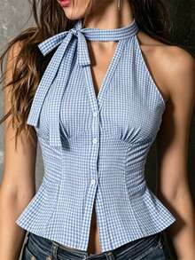 SHEIN Franclia 春夏休闲时尚系带无袖修身V领开襟竖排纽扣腰部褶皱修身女式衬衫 - 藍色 - 查看 3