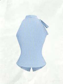 SHEIN Franclia 春夏休闲时尚系带无袖修身V领开襟竖排纽扣腰部褶皱修身女式衬衫 - 藍色 - 查看 2