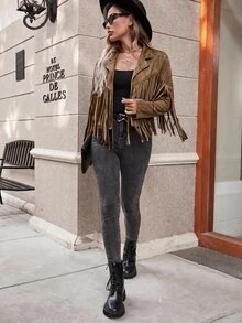 Wildy BOHO 90年代鄉村西式流蘇飾邊翻領落肩麂皮絨夾克，秋季旅遊演唱會咖啡棕音樂電音風 - 駝色 - 查看 4