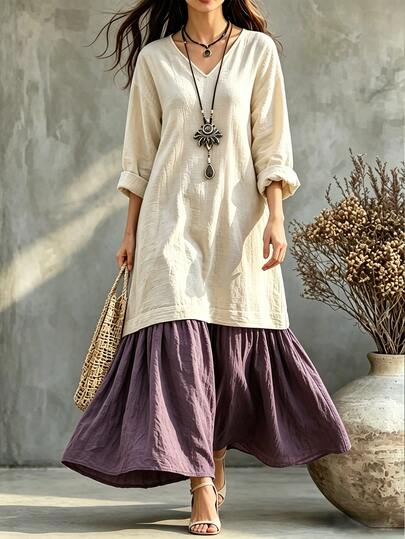 Trelyra V-Neck Loose Patchwork Dress, Color Block, Casual Boho Artist Outfits, Daily Commute, Travel Vacation Beige And White Autumn, Festival Brunch