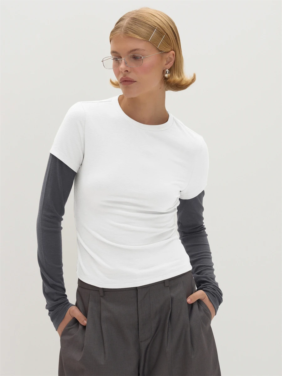MUSEYN Grey Contrast Layered Long Sleeve T-Shirt - Multicolor - View 1