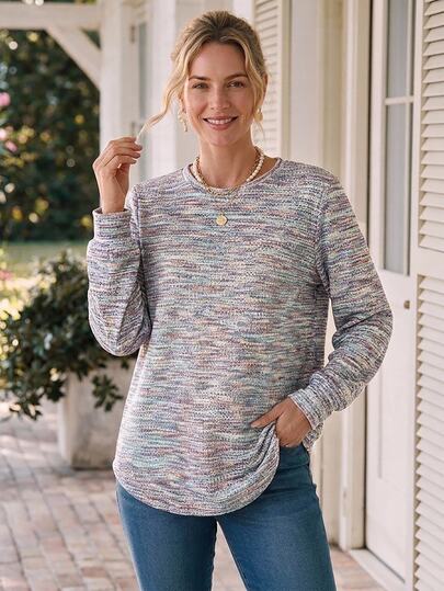 Rosumi Plus Size Women's Round Neck Casual Elegant Versatile Daily Wear Long Sleeve Sweatshirt Brunch Vacation Blue And White Autumn Fall