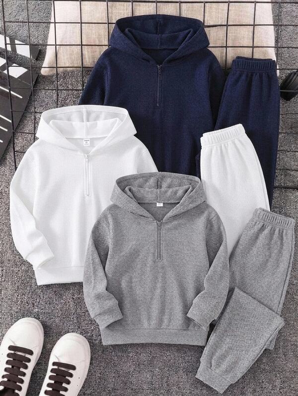 SHEIN Tween Boy Casual Minimalist Loose Comfortable Waffle Fabric Long Sleeve Hooded Half-Zip Sweatshirt 3-Piece Set