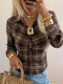 SHEIN EZwear 女款格紋百褶修身百搭休閒日常穿著襯衫 - 摩卡棕 - 查看 7