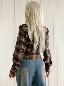 SHEIN EZwear 女款格紋百褶修身百搭休閒日常穿著襯衫 - 摩卡棕 - 查看 3