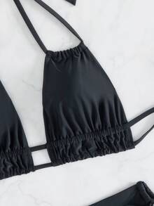 SHEIN Swim 鏤空正面繫帶側邊比基尼套裝 音樂節 - 黑色 - 查看 4