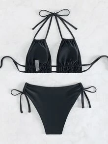 SHEIN Swim 鏤空正面繫帶側邊比基尼套裝 音樂節 - 黑色 - 查看 2