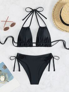 SHEIN Swim 鏤空正面繫帶側邊比基尼套裝 音樂節 - 黑色 - 查看 3