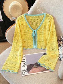 Franclia New Solid Color Hollow Crochet Lace Lightweight Cardigan, Versatile Outerwear For Women - Yellow - View 8