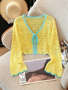 Franclia New Solid Color Hollow Crochet Lace Lightweight Cardigan, Versatile Outerwear For Women - Yellow - View 4