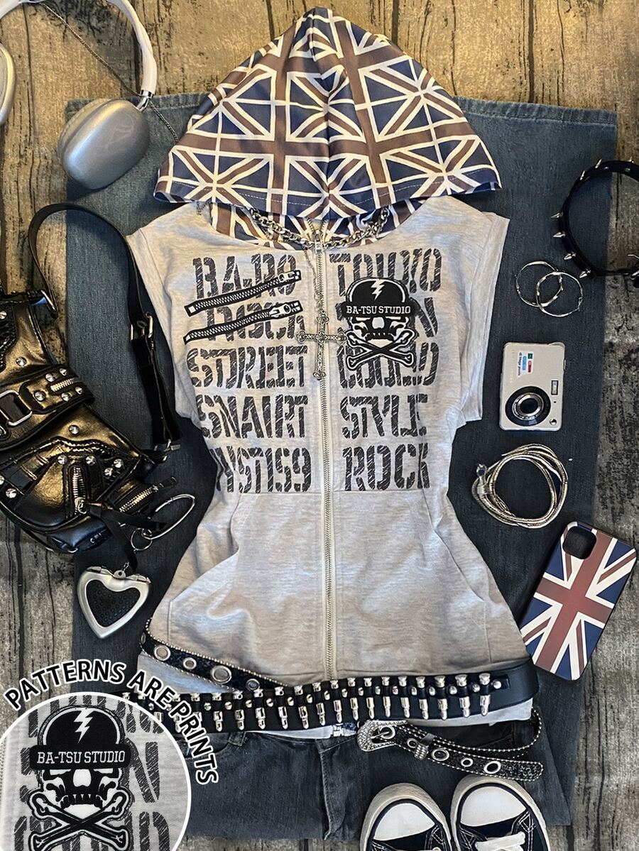 IslaSuriya Women's Y2K Retro Gothic Skull Print Sleeveless Hoodie Streetwear Style, Perfect For Halloween - Multicolor - View 1