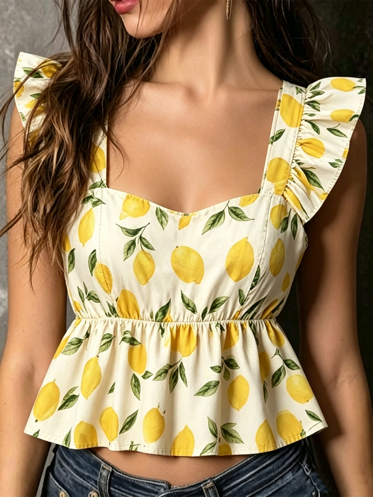 SHEIN Franclia INS Casual Boho Cute Vacation Flutter Sleeve Women's Blouse Picnic Vacation Off-White Summer - Yellow - View 1