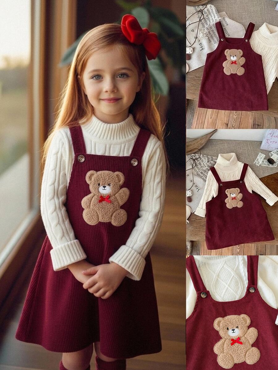 Emery Rose Kids Emery Rose Kids 女童可愛小熊蝴蝶結細肩帶無袖洋裝，秋冬百搭俏皮風格 - 彩色 - 查看 1