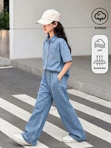 SHEIN 青少年女孩藍色牛仔寬鬆短袖上衣與長褲兩件套 Y2K 秋冬休閒萬聖節新年裝 - 藍色 - 查看 3