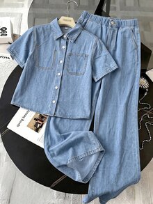 SHEIN 青少年女孩藍色牛仔寬鬆短袖上衣與長褲兩件套 Y2K 秋冬休閒萬聖節新年裝 - 藍色 - 查看 2