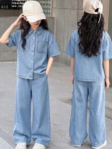 SHEIN 青少年女孩藍色牛仔寬鬆短袖上衣與長褲兩件套 Y2K 秋冬休閒萬聖節新年裝 - 藍色 - 查看 4