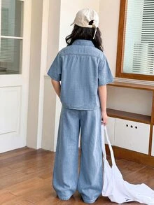 SHEIN 青少年女孩藍色牛仔寬鬆短袖上衣與長褲兩件套 Y2K 秋冬休閒萬聖節新年裝 - 藍色 - 查看 5