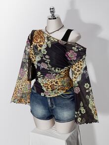 SHEIN ICON 大尺碼性感新中式豹紋花卉混搭圖案露肩喇叭袖網紗上衣，黑色背心設計假兩件式T恤 - 黑色 - 查看 4