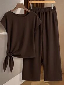 SHEIN Clasi Setelan 2 Potong Wanita: Blus Ikat Pita dan Celana Panjang Longgar Model Lurus - Coklat - View 5
