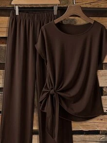 SHEIN Clasi Setelan 2 Potong Wanita: Blus Ikat Pita dan Celana Panjang Longgar Model Lurus - Coklat - View 1