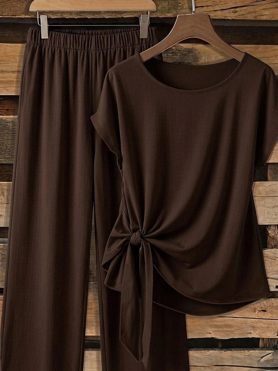 SHEIN Clasi Setelan 2 Potong Wanita: Blus Ikat Pita dan Celana Panjang Longgar Model Lurus - Coklat - View 1