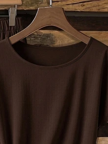 SHEIN Clasi Setelan 2 Potong Wanita: Blus Ikat Pita dan Celana Panjang Longgar Model Lurus - Coklat - View 3